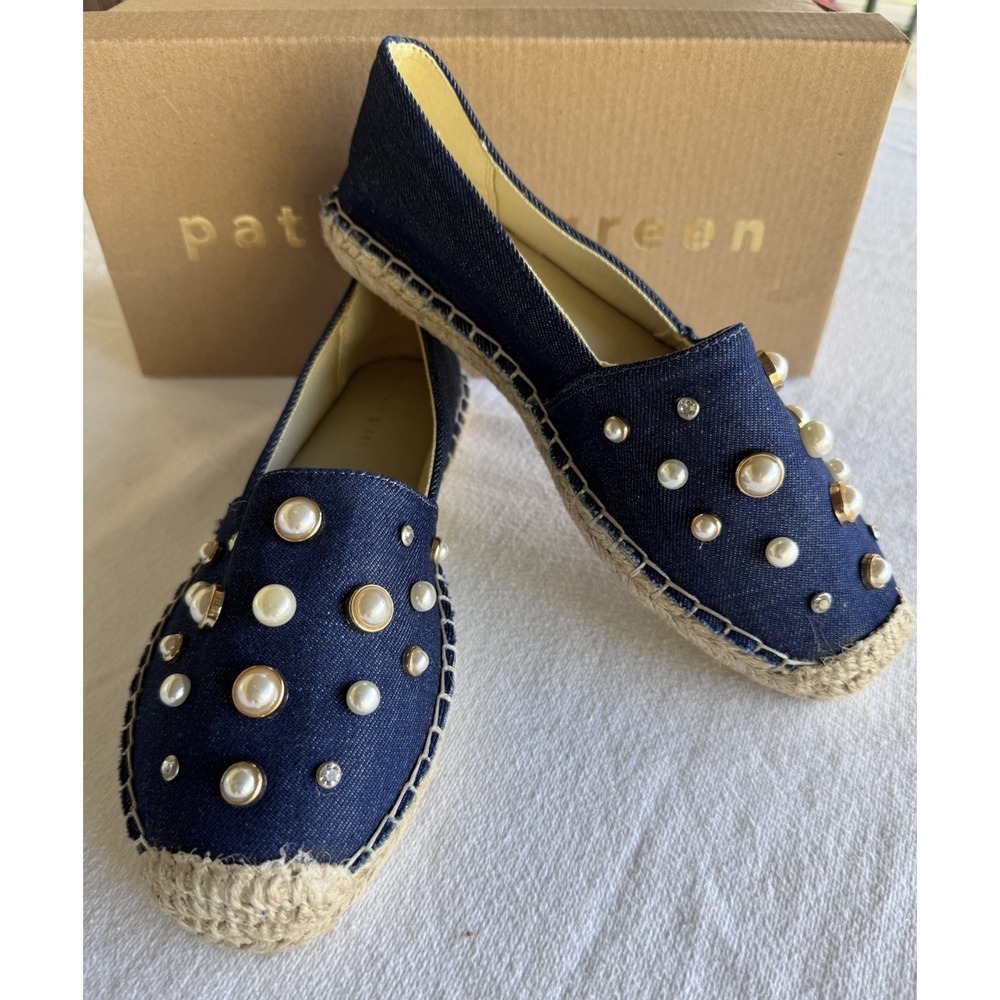 RARE Patricia Green Shoes Size 6B Denim Pearl Glam slip on Espadrille NEW